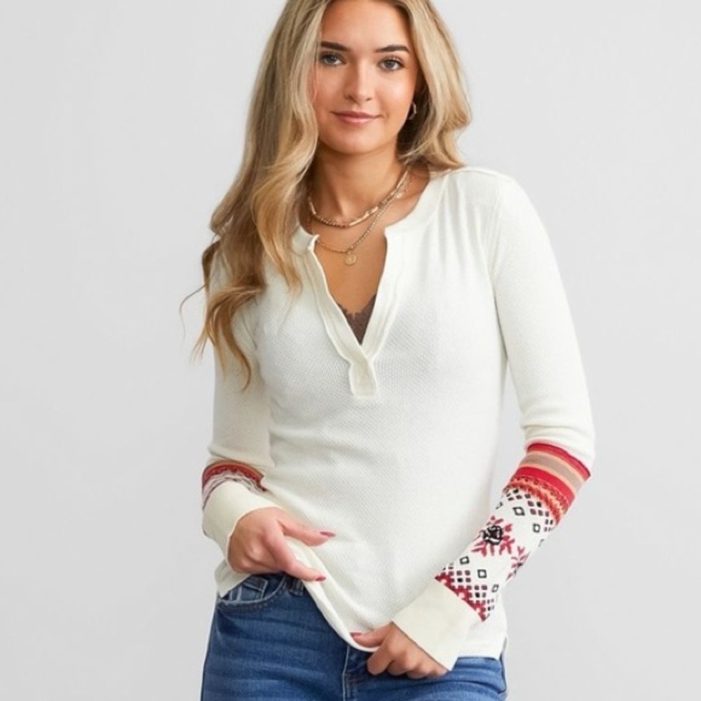 We The Free Cream Top with Red Patterned Sleeves Size XSMALL - Picture 9 of 9
